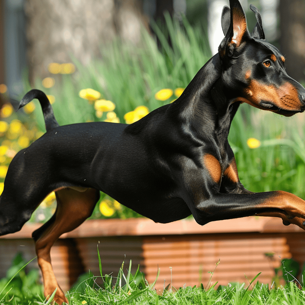 Sleek black Doberman Pinscher in alert pose outdoors